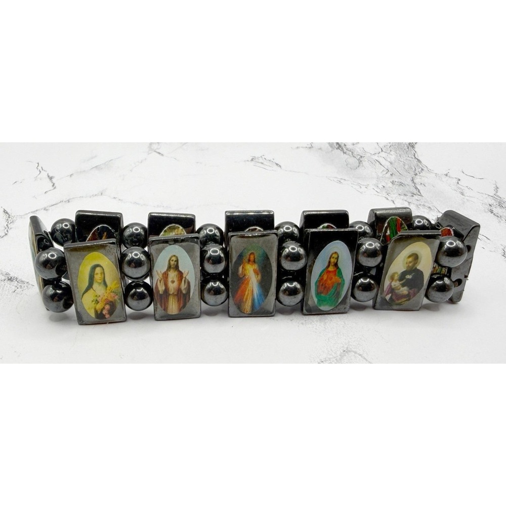 Reversible Catholic Saints Bracelet Hematite Stretch Religious Bracelet 7in